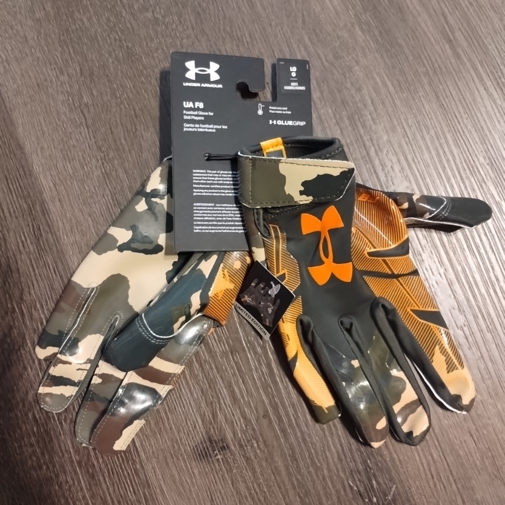 Men's LARGE UA F8 Football Receiver Gloves Under Armour Limited Camo Orange